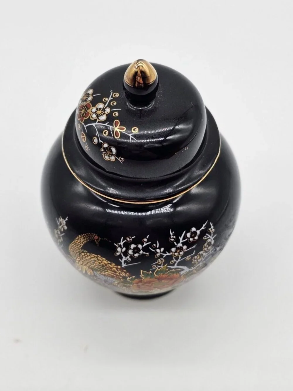 Asahi Japan Vase Black Floral Porcelain Peacock Ginger Jar Urn with Lid